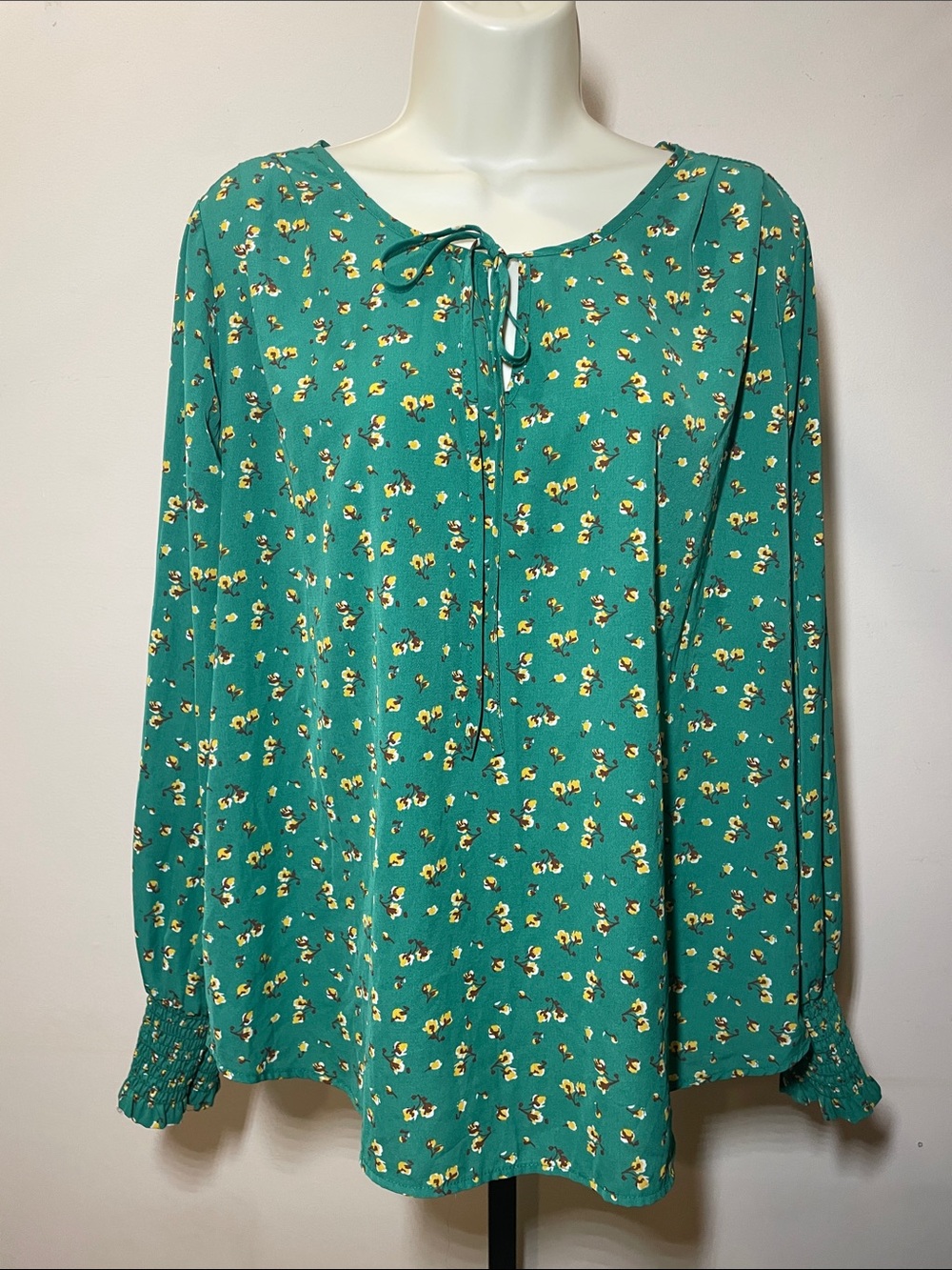 Pleione Teal Floral Tie-Neck Blouse